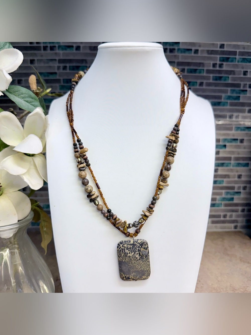 Boho Multi-Strand Beaded Statement Necklace Natural Stone Jasper Pendant